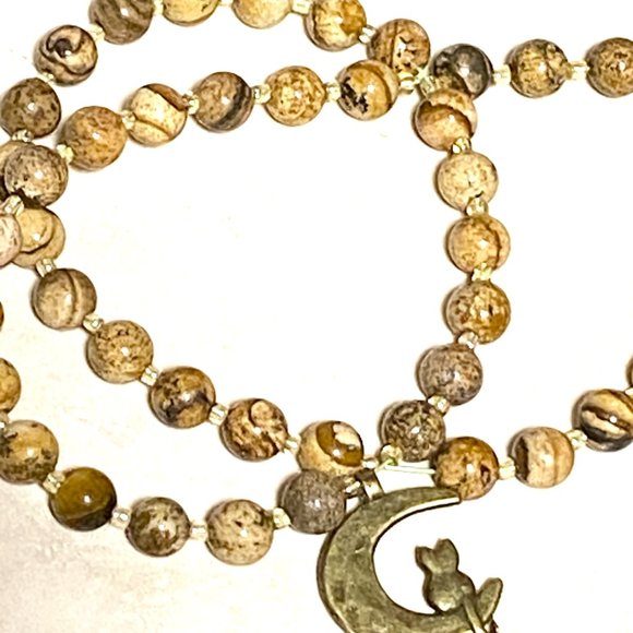 Jasper Stone Bronze Cat on the Moon Necklace, Genuine Gemstone Beaded Necklace - Picture 8 of 10